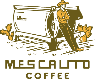 Shop Stickers | Mescalito Coffee: Features a person in a hat leaning on a coffee container, surrounded by cacti, capturing the small-town charm of Mescalito Coffee, with the brand name displayed below.
