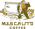 Shop Stickers | Mescalito Coffee: Features a person in a hat leaning on a coffee container, surrounded by cacti, capturing the small-town charm of Mescalito Coffee, with the brand name displayed below.