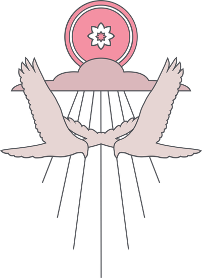 Two stylized birds with outstretched wings face each other below a pink sun, cloud, and decorative flower—perfect for small town coffee shop vibes. Shop Stickers | Mescalito Coffee by Mescalito Coffee features rays extending downward.